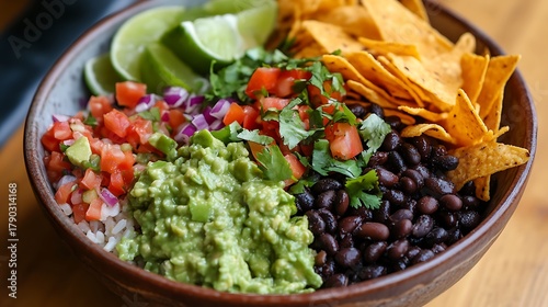 Delicious vegan burrito bowl with fresh guacamole, black beans, and tortilla chips, perfect for healthy lunch or dinner, vibrant and appetizing
