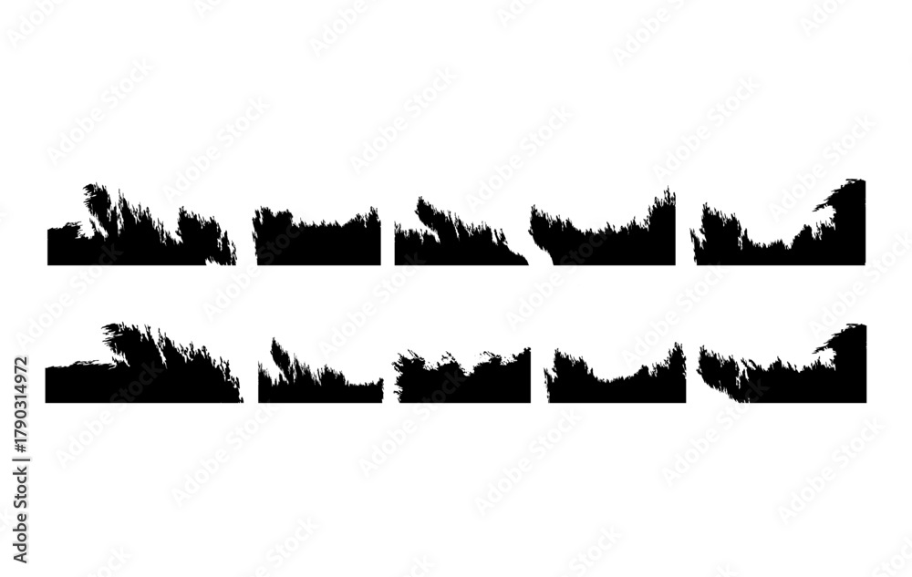 Obraz premium A set of black grunge brush stroke rectangular textures isolated on a white background. Perfect for adding a rough edge, distressed effect, or handmade artistic touch to your creative projects