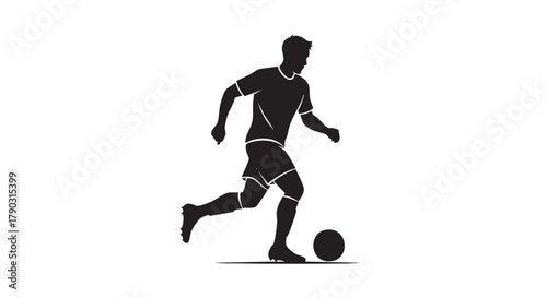 Silhouette of a soccer player dribbling the ball on a white background