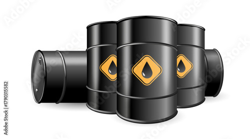 Black barrels for cruel oil or petroleum. Design Template of Packaging for Mockup. Vector
