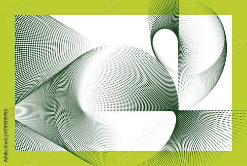Dynamic dot pattern flow in green tones, colored particle wave abstract vector.