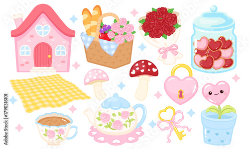 Cute Cozy Cottagecore Valentine picnic element clipart set