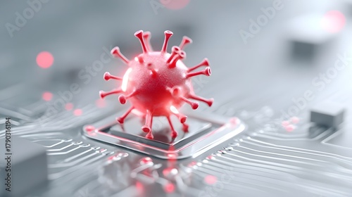 A red spiked virus sits on a futuristic computer circuit board symbolizing digital health challenges cyber threats or technological contamination