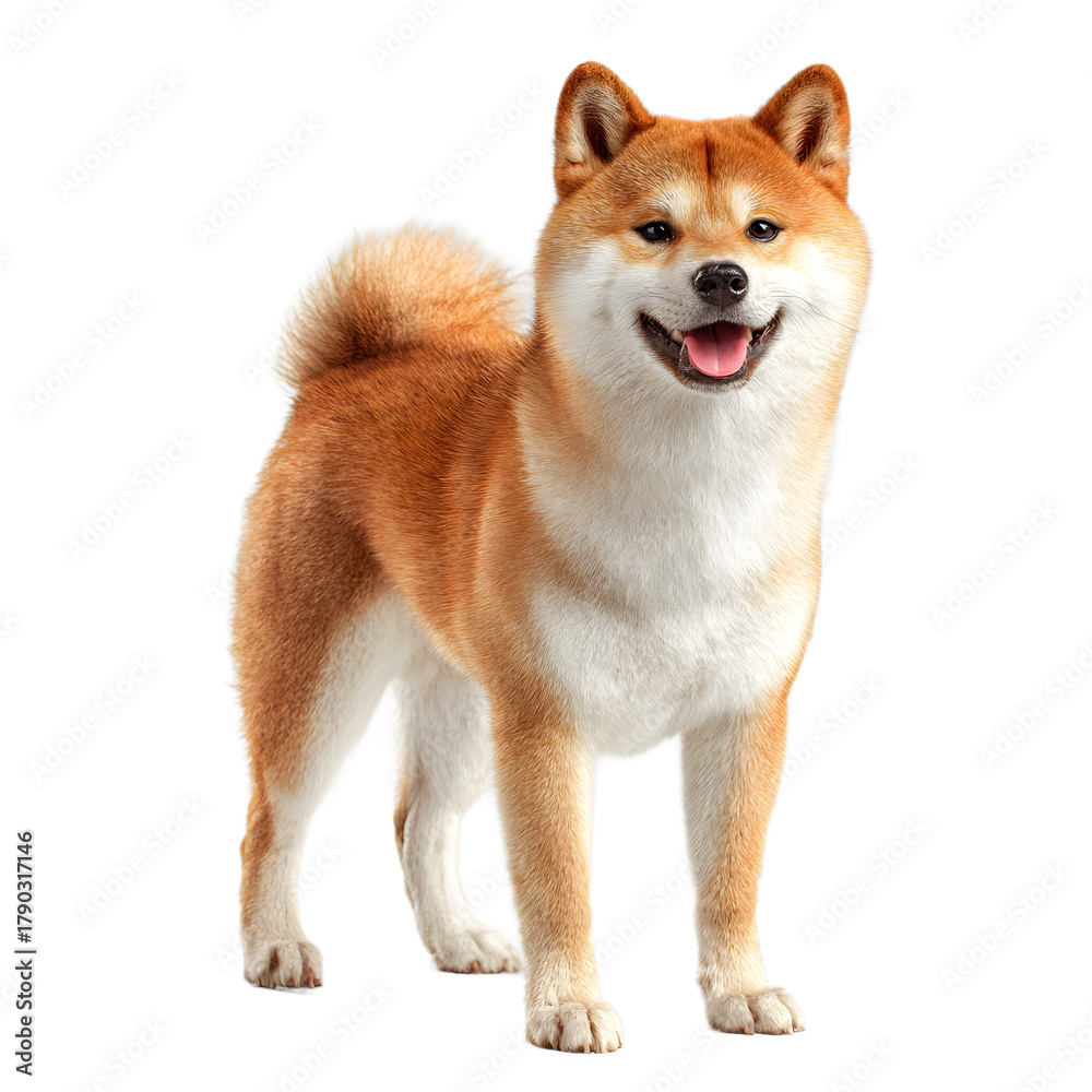 Naklejka premium A shiba inu dog with a fluffy tail curled over its back, standing and looking forward with a happy expression