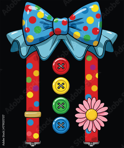 Playful clown costume bursting with colors, charm, buttons, and cheerful whimsy