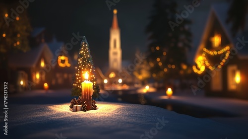 Glowing candle with pinecones and a gift in a snowy christmas village