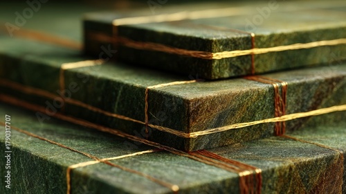 Close-up of stacked green books with golden thread binding, highlighting their unique texture and craftsmanship, ideal for decorative or educational use
