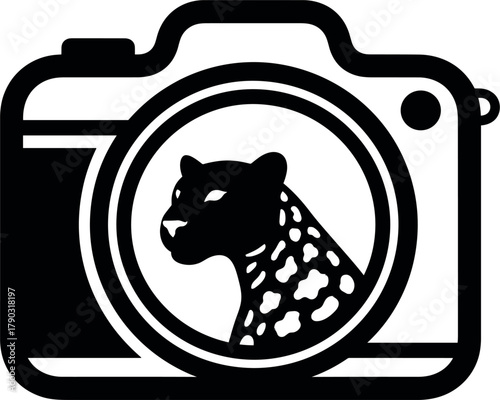 Black and white graphic icon of a jaguar head inside a camera lens leopard big cat