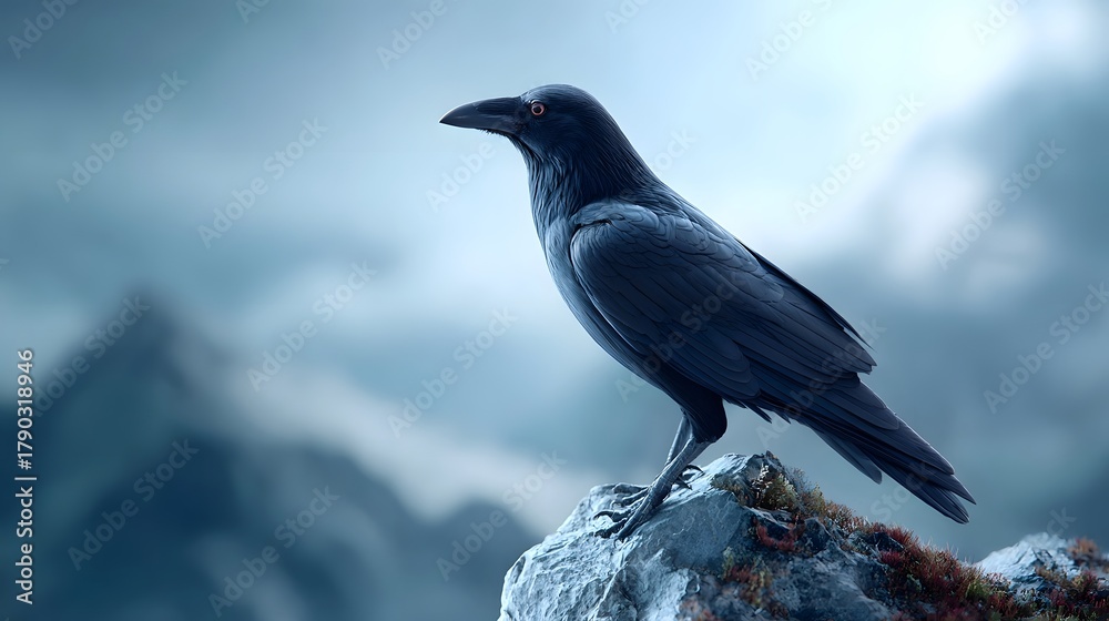 Obraz premium Dramatic black raven with piercing red eyes perched on a weathered rock overlooking a misty rugged mountain range under a somber cloudy sky