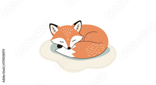 A cute cartoon fox with orange fur curled up asleep on a light beige cloud-shaped cushion against a white background.