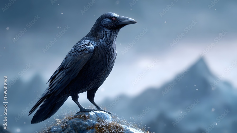Obraz premium A dark powerful raven with intense red eyes stands stoically on a snow dusted rock set against a dramatic atmospheric backdrop of blurred mountain peaks under a cloudy sky