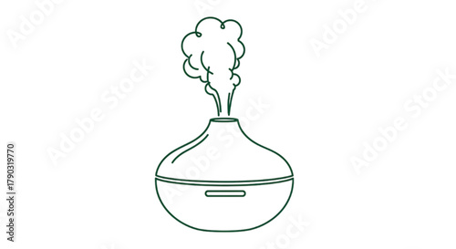 Minimalist line art of an essential oil diffuser releasing fragrant steam for aromatherapy.