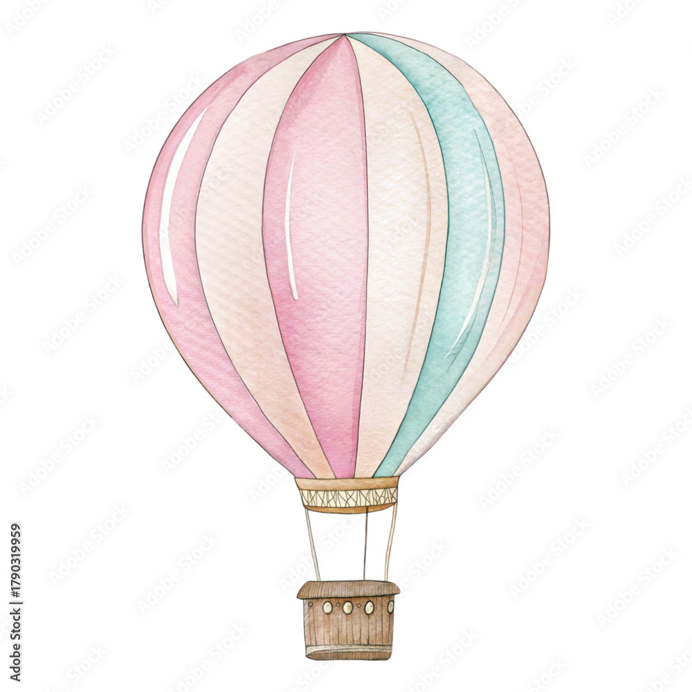Naklejka premium Watercolor hot air balloon clipart, pastel pink and blue air balloon illustration