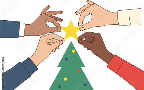 Teamwork Decorating Christmas Tree Illustration