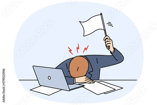 Stress of business man waving white flag after professional burnout, lying at workplace at table with laptop. Problem of stress among office employees who are victims of strict deadline