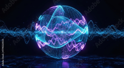 blue and purple glowing digital waves and particles. technology concept Abstract energy