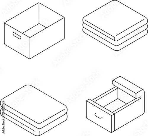 Storage Objects  Box, Towels, Blanket, and Drawer Black and White Vector eps