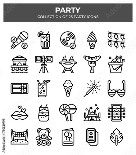 Collection of 25 Party Icons.  A vibrant set of fun celebration graphics
