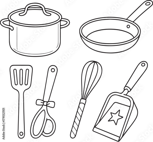 Everyday Household Items Mug, Vase, Scissors, and Towels Black and White Vector eps