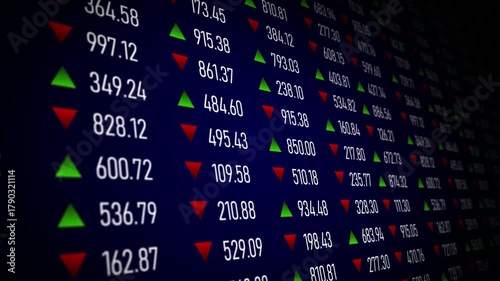 Digital screen stock market ticker showing prices red green arrows up down in percentage volatility investment trading real time dolly camera shot.