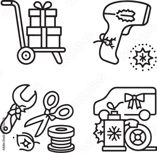 Christmas Delivery Tools Hand Truck, Barcode Scanner, Van, and Tape Dispenser Black and White Vector eps