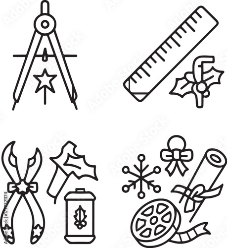 Christmas Precision Tools  Compass, Ruler, Caliper, and Blueprint  Black and White Vector eps