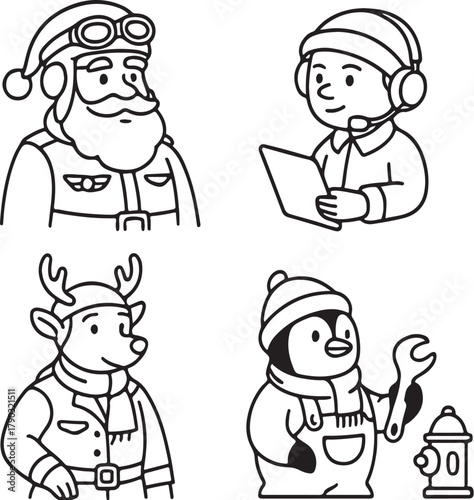 Christmas Aviation Characters Santa Pilot, Elf Air-Traffic Controller, Reindeer Co-Pilot, and Penguin Mechanic  Black and White Vector eps