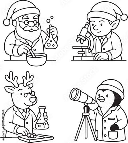 Christmas Lab Characters Santa Chemist, Elf with Microscope, Reindeer Scientist, and Penguin Astronomer Black and White Vector eps