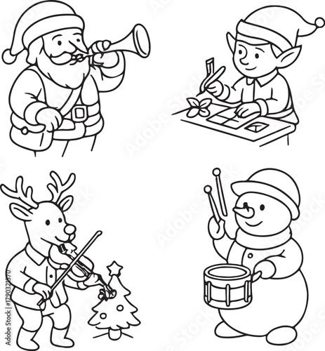 Christmas Instrument Players  Santa Trumpeter, Elf Violinist, Reindeer Cellist, and Snowman Percussionist Black and White Vector eps