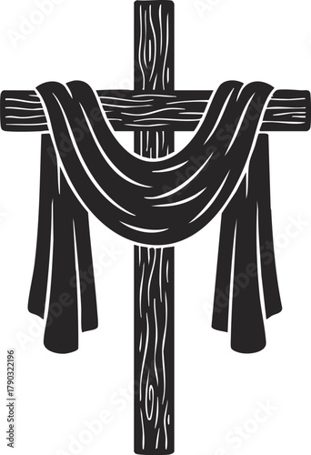 Wooden cross with draped cloth illustration on white background