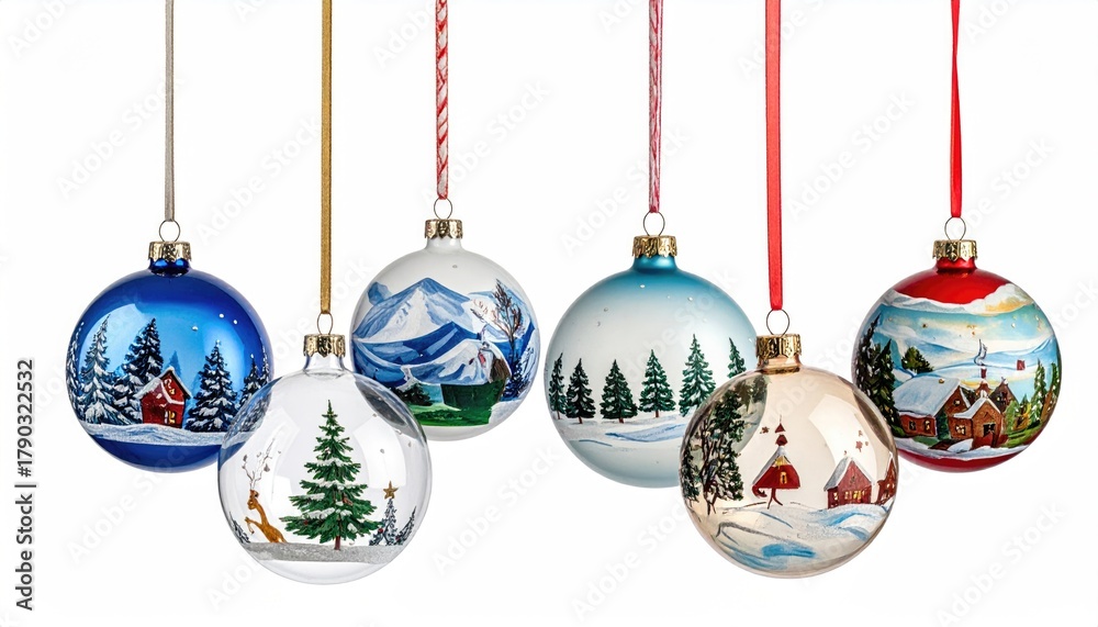 Fototapeta premium Christmas ornaments hanging over white background. Composition of Christmas tree decorations