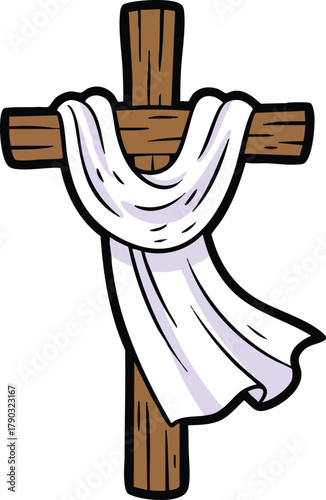 Wooden cross with draped cloth illustration on white background