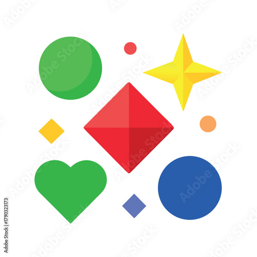 Colorful, cartoonish icons of a yellow star, a red heart, a blue diamond, and a green triangle, all on a white background.
