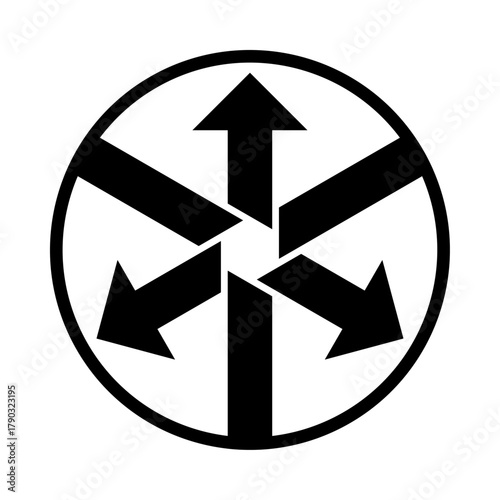 Multi-direction arrow symbol in circle, abstract navigation concept.