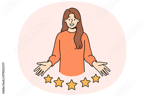 Woman client gives five-star rating for company and smiles while looking at screen. Positive user experience was received by woman leaving positive experience and demonstrating five stars
