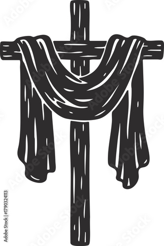Wooden cross with draped cloth illustration on white background
