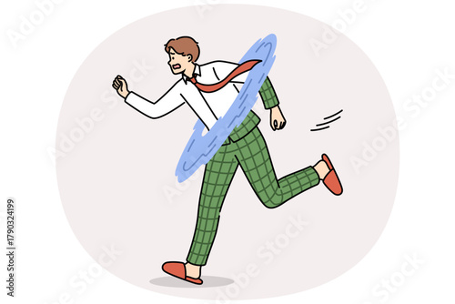 Business man teleports and changes clothes on go, trying to get to work and meet deadline. Guy office worker teleports to avoid being late and not getting reprimanded by evil boss.