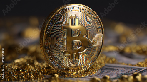 Close de moeda bitcoin dourada sobre superfície brilhante, representando finanças modernas, criptoativos, segurança digital e valorização de ativos no mercado