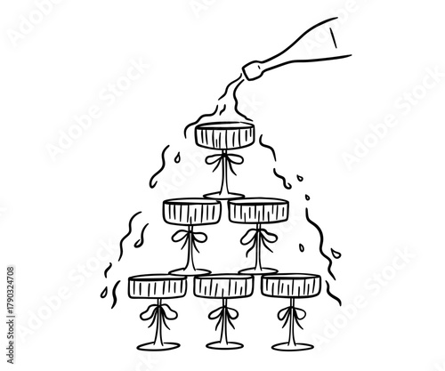 Coquette glasses tower and champagne bottle, whimsical sketch for party invitation, vector doodle illustration