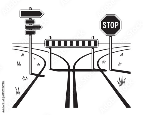 Road junction with stop sign, barrier, signs