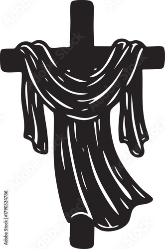 Wooden cross with draped cloth illustration on white background
