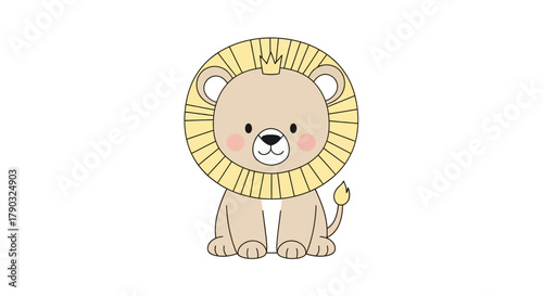 Cute cartoon lion cub sitting, wearing a small golden crown, with a fluffy yellow mane and pink cheeks.