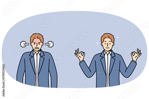Calm meditating man turns into angry businessman due to constant problems in career. Meditating guy stands in lotus position and uses yoga practices to control own emotions and aggression.