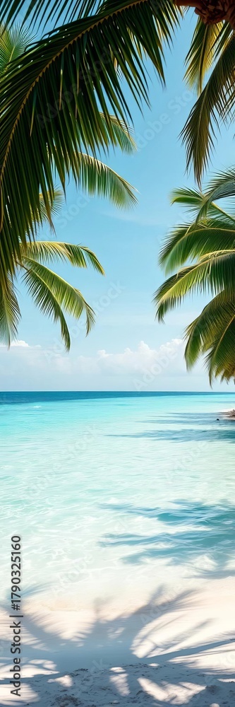 Fototapeta premium A serene beach with crystal clear turquoise water and white sand, framed by palm trees, sunny, water