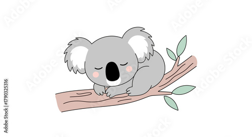 A cute cartoon koala sleeping peacefully on a tree branch with green leaves, depicted in a simple, minimalist style.