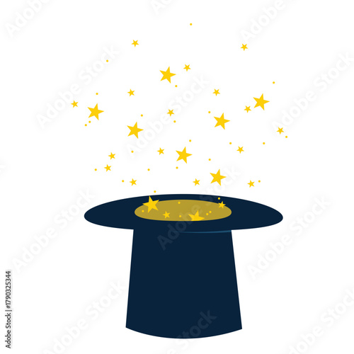 A magic top hat with stars flying out of it. Flat vector illustration isolated on a white background