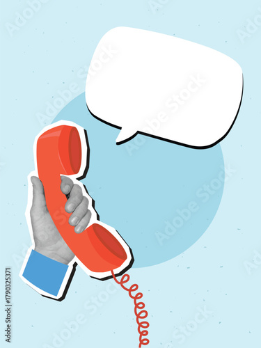 Black and white hand holding a vintage telephone receiver with a blank speech bubble. Modern photo collage style. Vector illustration