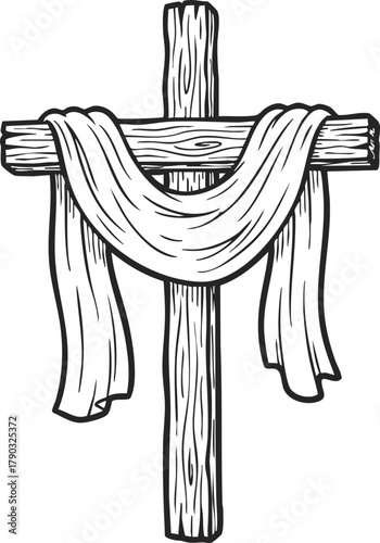 Wooden cross with draped cloth illustration on white background