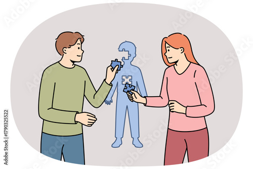 Formation of child personality thanks to parents assembling kid figure from puzzles. Caring mom and dad raise son together, creating successful and psychologically stable child personality