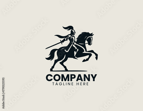 Knight on horse black vector logo illustration